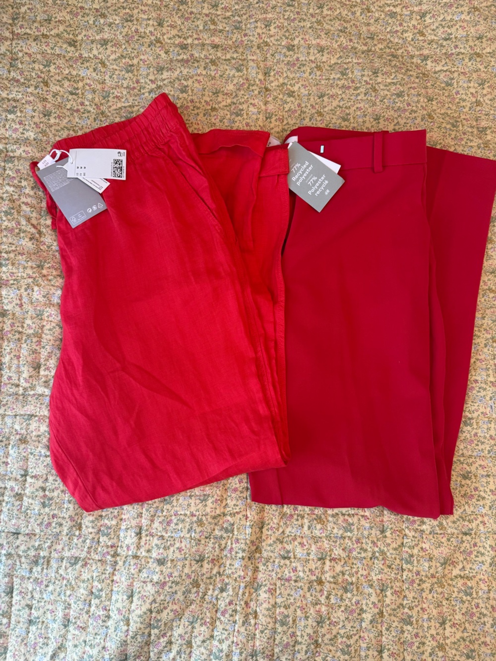 H&M Red Linen Elastic-Waist Pants